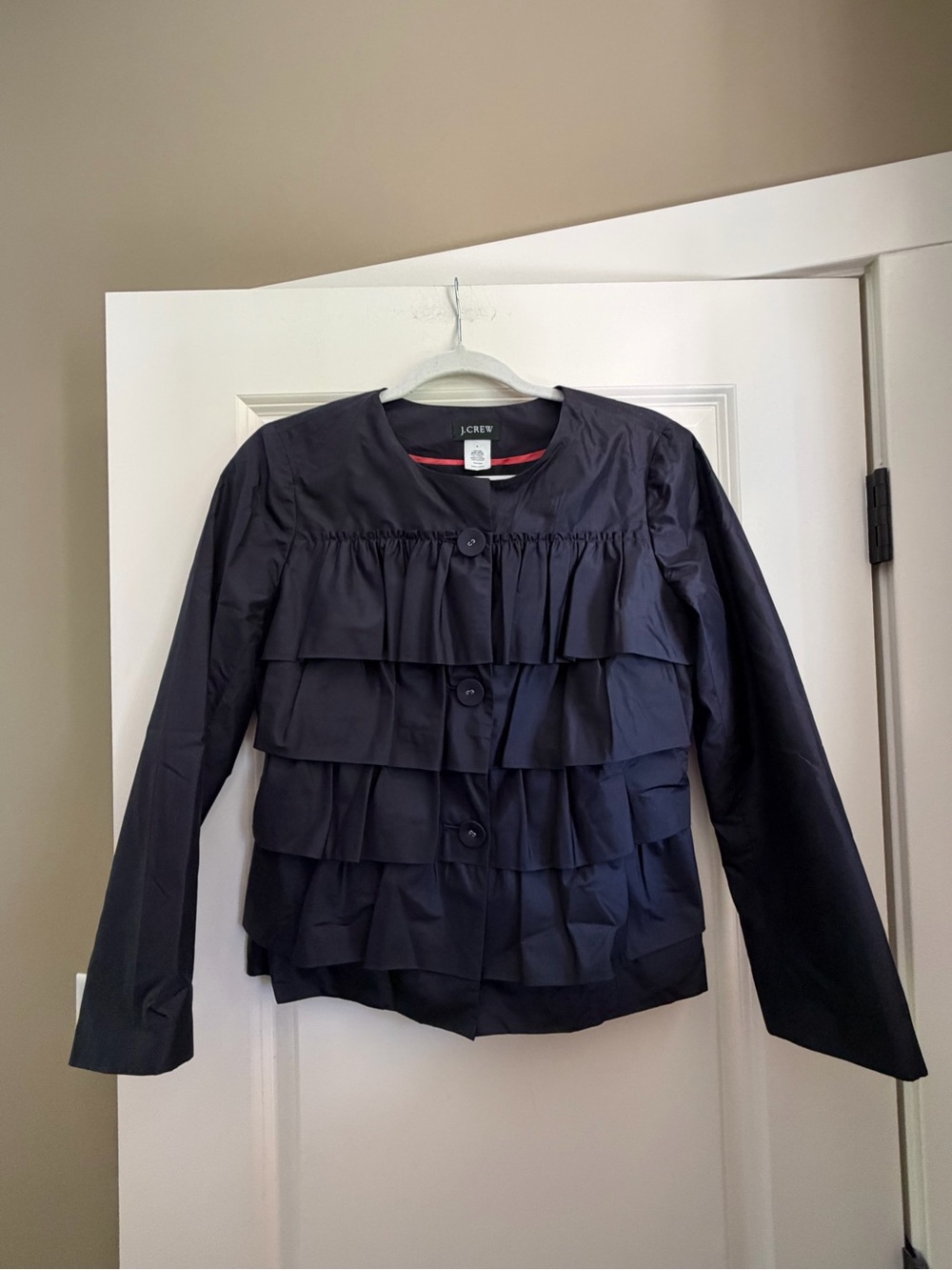 NEW J. Crew Navy Silk Ruffle Cascade Lady Jacket
